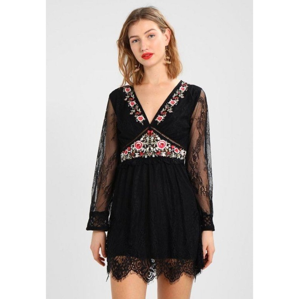 Topshop Embroidered Lace Mini Dress XS Black Floral Sheer Boho Romantic